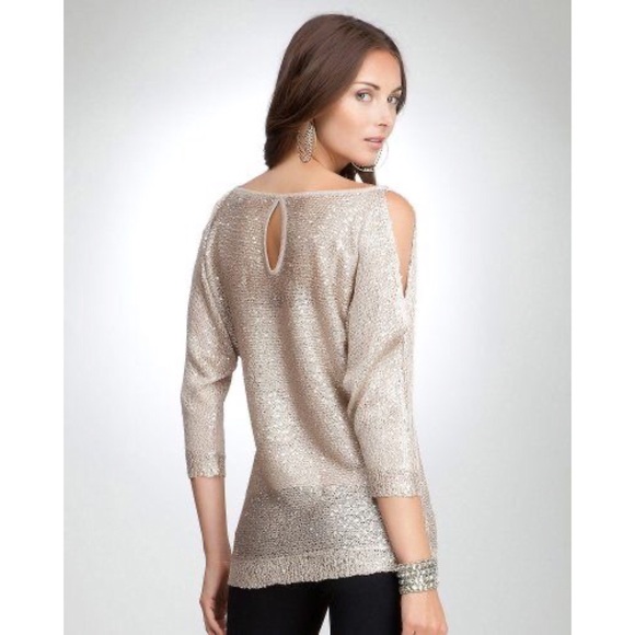 Bebe Shoulder Cutout Gold Sequin Sweater - Picture 2 of 9